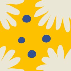 Dekoratives Element: Gänseblümchen, weiß, gelb, blaue Kreise, quadratisch, abstraktes Design

Decorative element: daisies, white, yellow, blue dots, square, abstract design